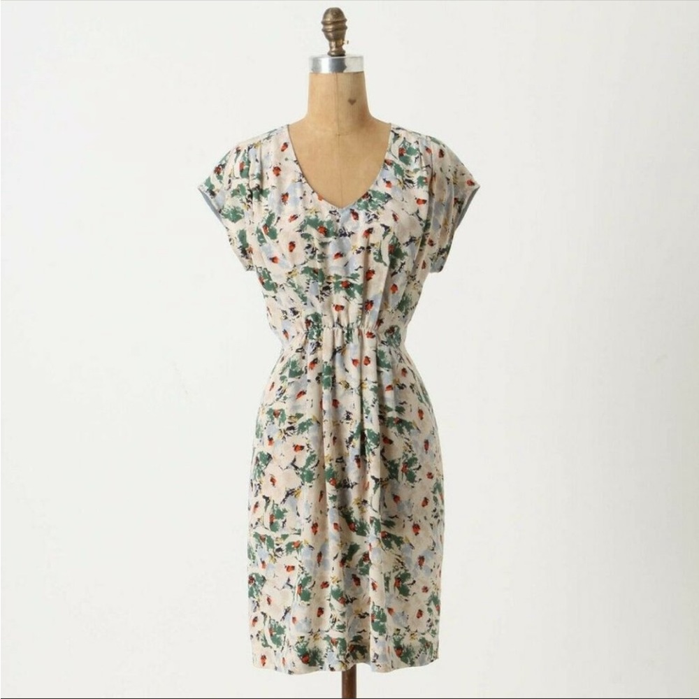 Anthropologie Odille green/blue pattern ‘junebug’ 100% silk dress Sz Med